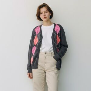 Vintage Women's Argyle Cardigan Sweater - Brown with Pink Accents